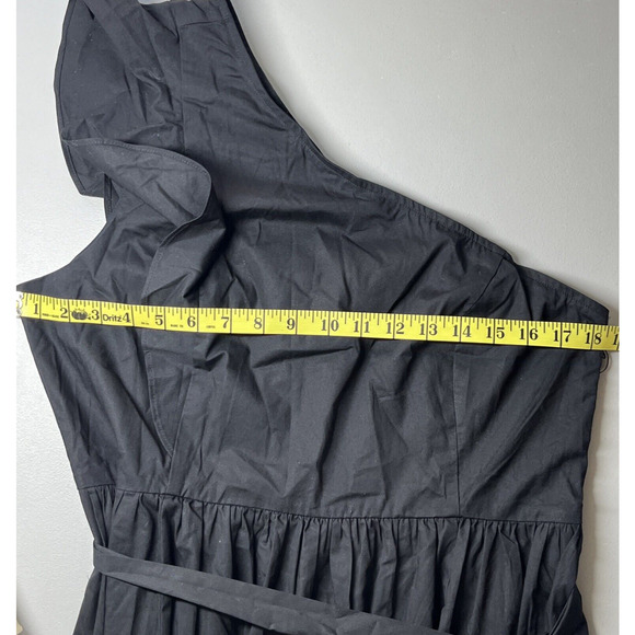 J Crew One Shoulder Midi Dress Size 14 Black Ruffle Trim Tie Waist Classic - Picture 7 of 11